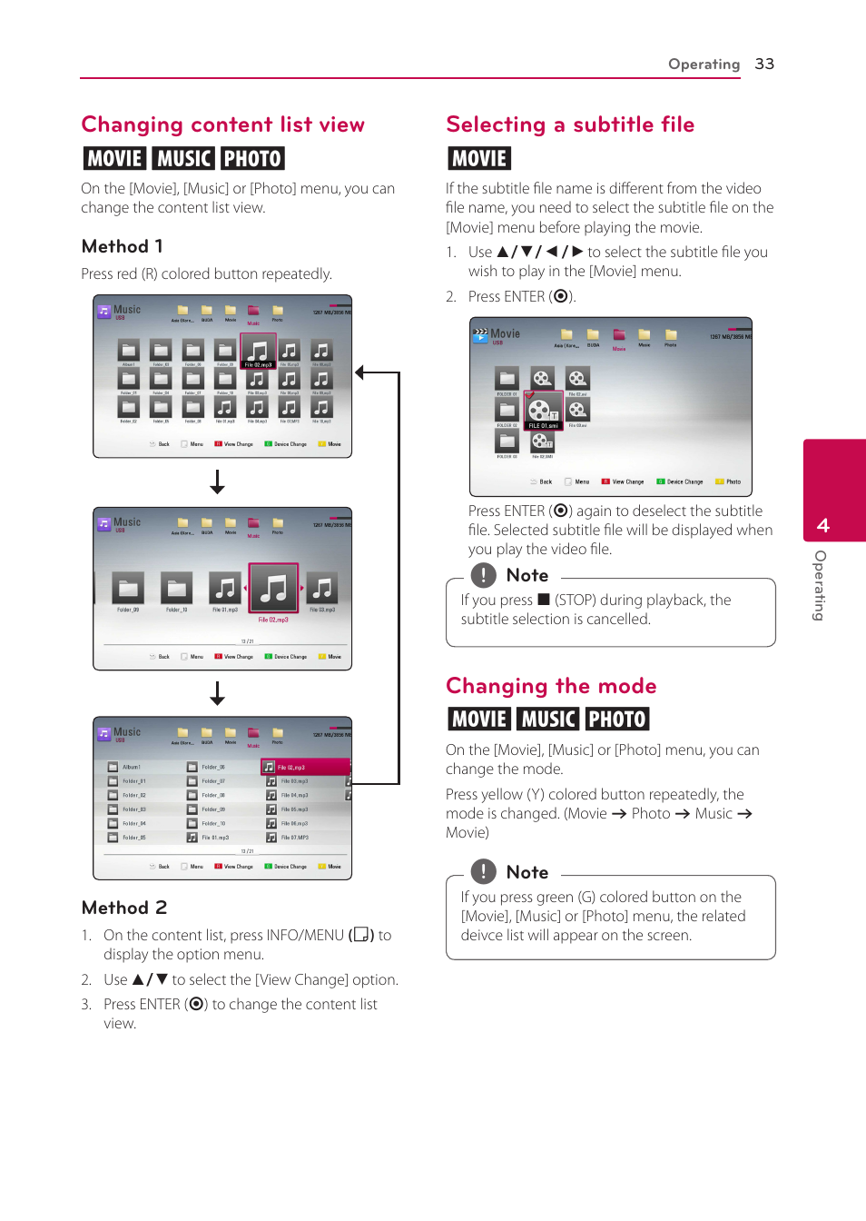 Changing content list view, Selecting a subtitle file, Changing the mode | Changing content list view yui, Selecting a subtitle file y, Changing the mode yui | LG BP335W User Manual | Page 33 / 57