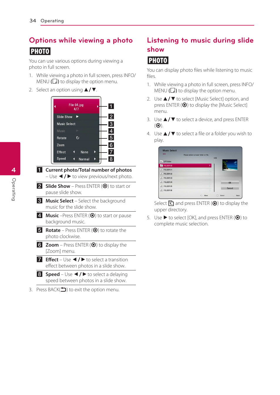 Options while viewing a photo, Listening to music during slide show, Options while viewing a photo i | Listening to music during slide show i | LG BP335W User Manual | Page 34 / 57