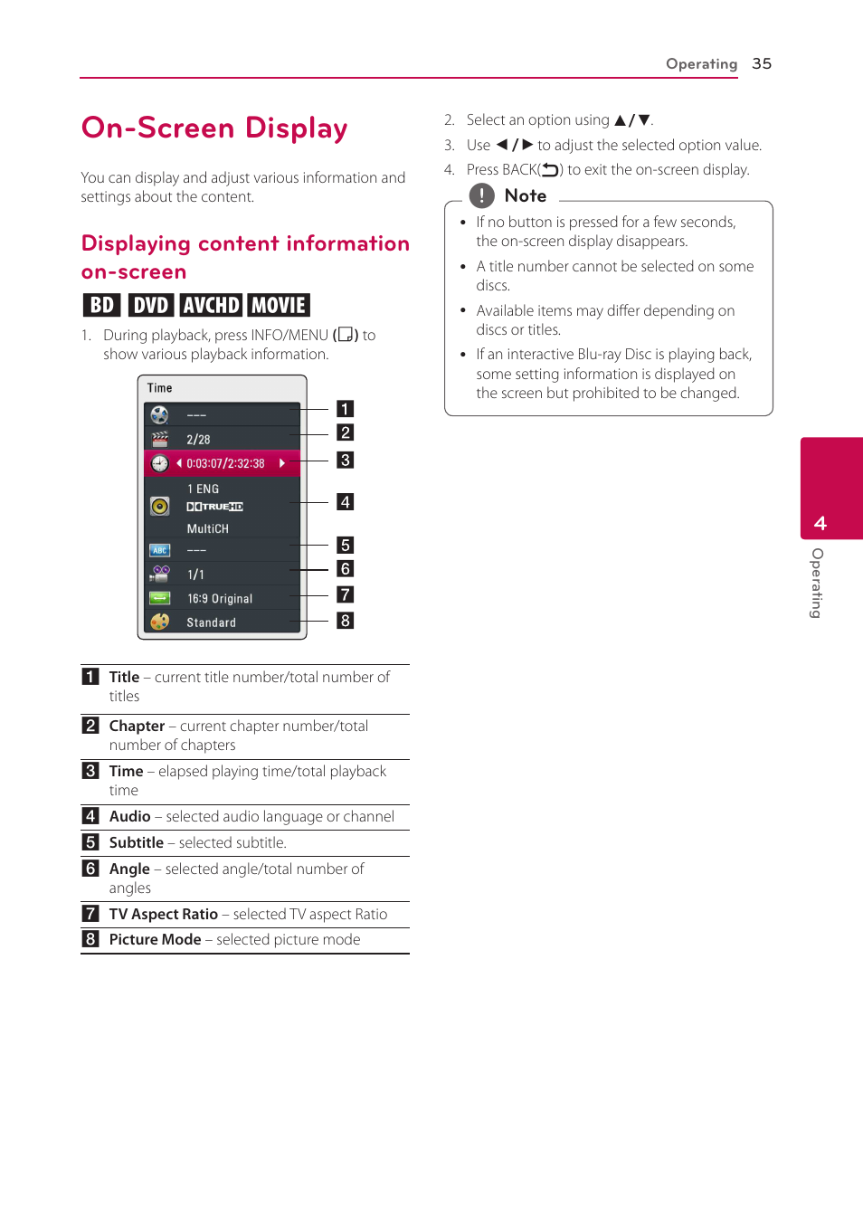 On-screen display, Displaying content information on-screen, Screen | Displaying content information on-screen eroy | LG BP335W User Manual | Page 35 / 57