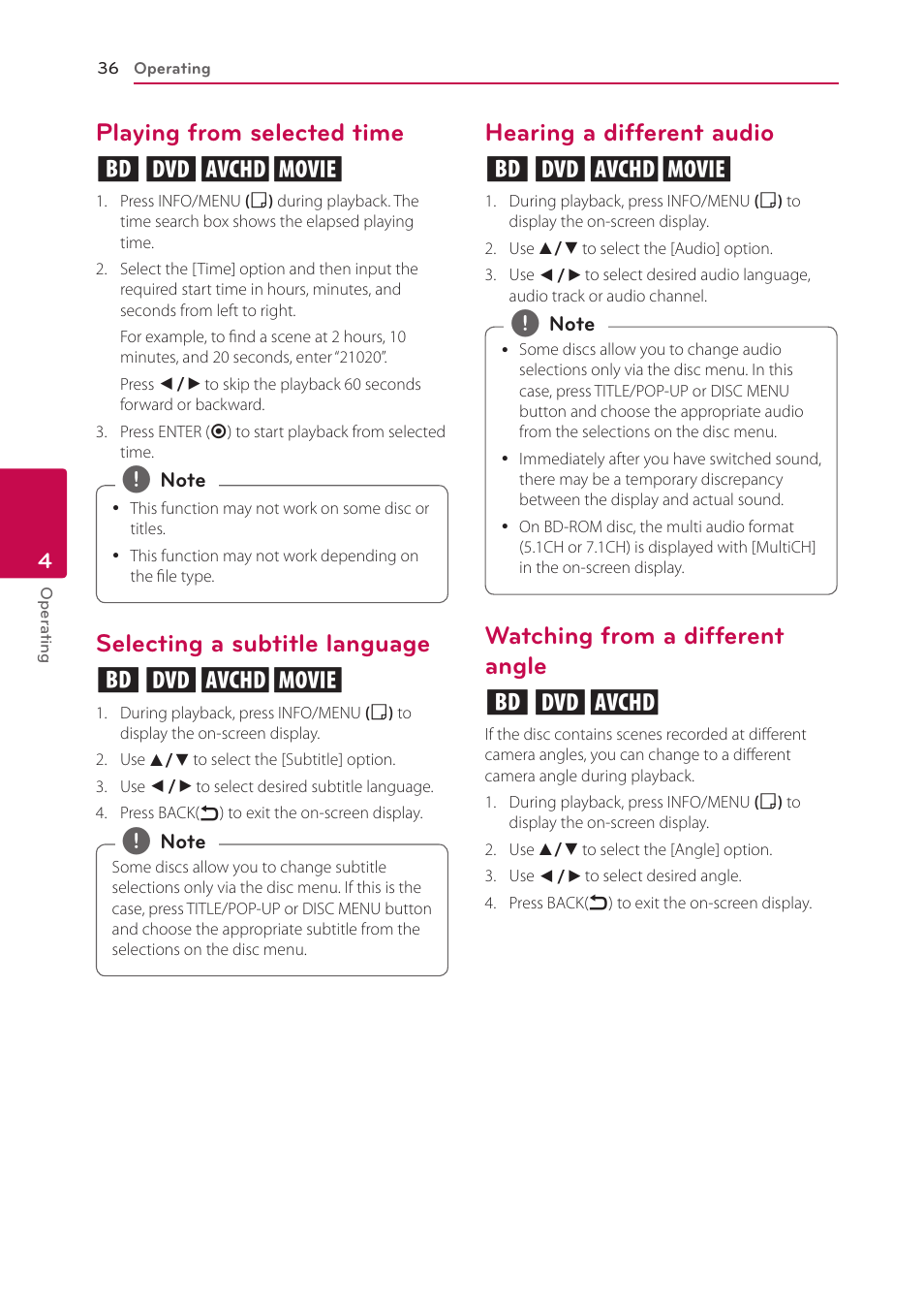 Playing from selected time, Selecting a subtitle language, Hearing a different audio | Watching from a different angle, Playing from selected time eroy, Selecting a subtitle language eroy, Hearing a different audio eroy, Watching from a different angle ero | LG BP335W User Manual | Page 36 / 57