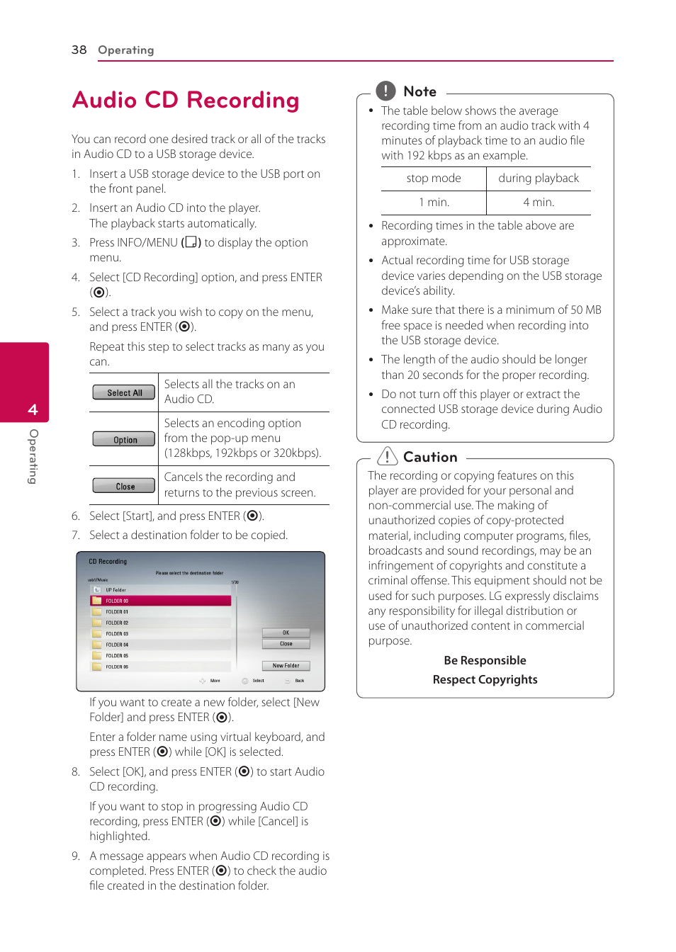 Audio cd recording, 38 audio cd recording | LG BP335W User Manual | Page 38 / 57