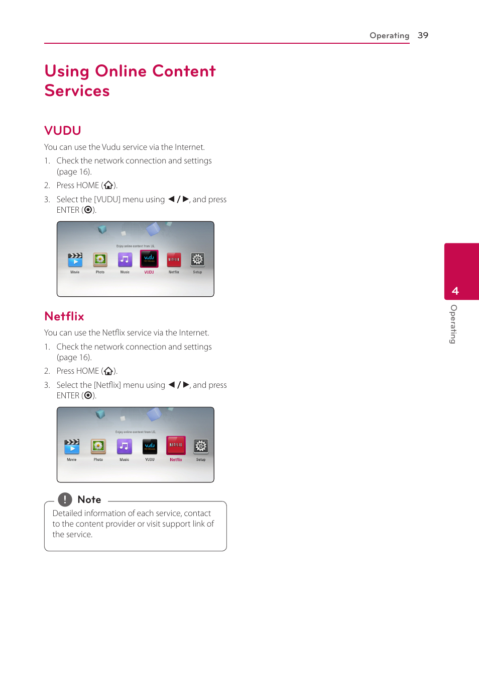 Using online content services, Vudu, Netflix | LG BP335W User Manual | Page 39 / 57