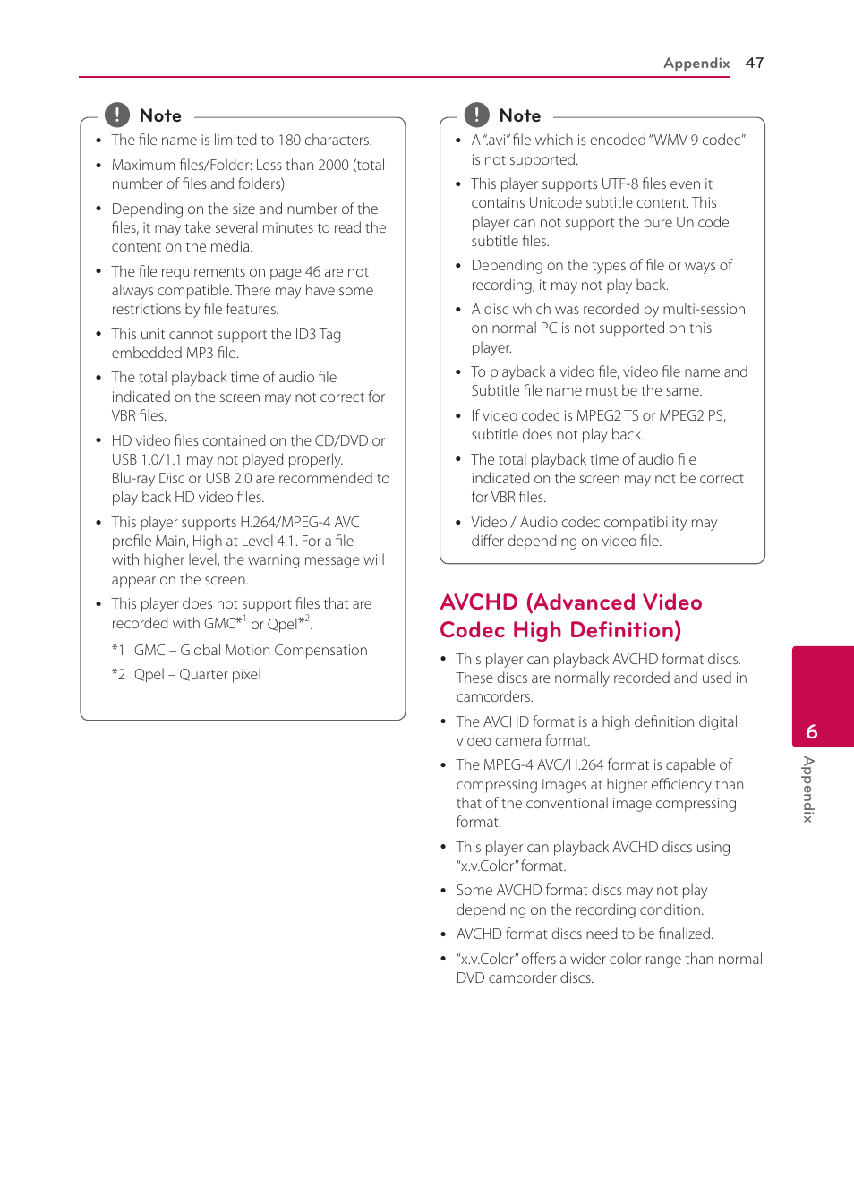 Avchd (advanced video codec high definition), 47 – avchd (advanced video codec high, Definition) | LG BP335W User Manual | Page 47 / 57