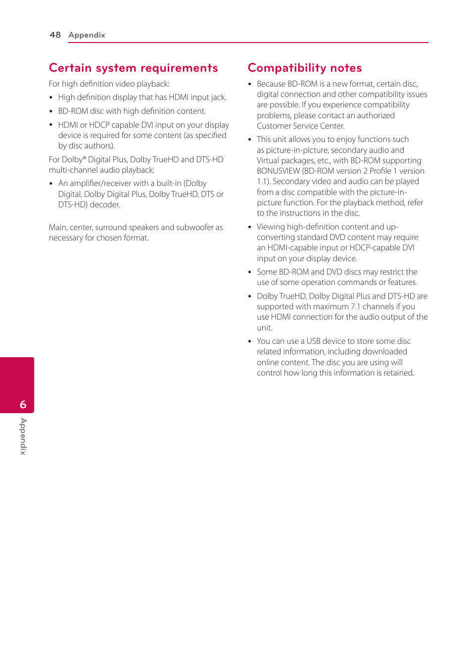 Certain system requirements, Compatibility notes | LG BP335W User Manual | Page 48 / 57