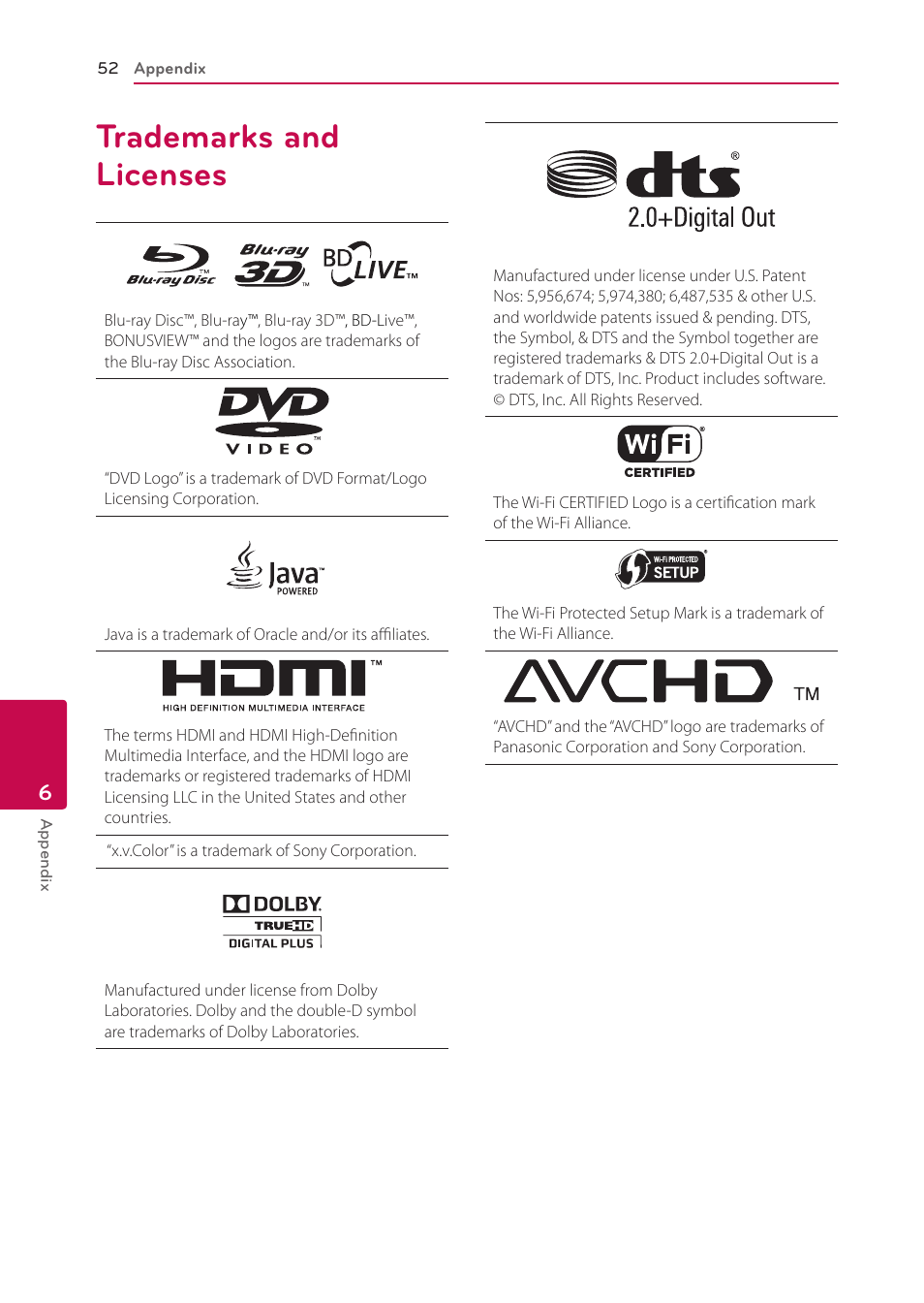 Trademarks and licenses, 52 trademarks and licenses | LG BP335W User Manual | Page 52 / 57