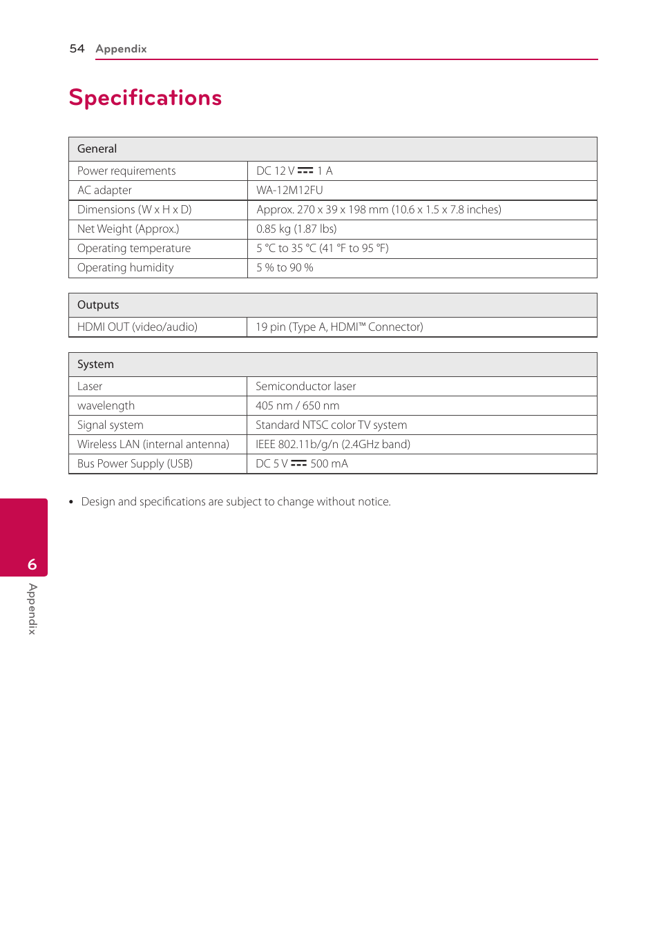 Specifications, 54 specifications | LG BP335W User Manual | Page 54 / 57