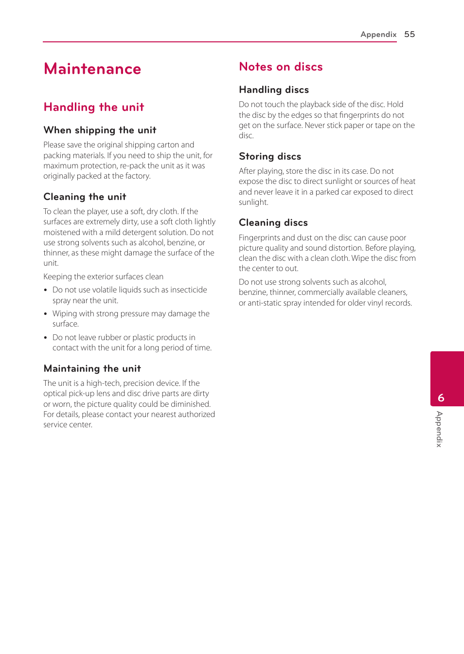 Maintenance, Handling the unit, Notes on discs | LG BP335W User Manual | Page 55 / 57