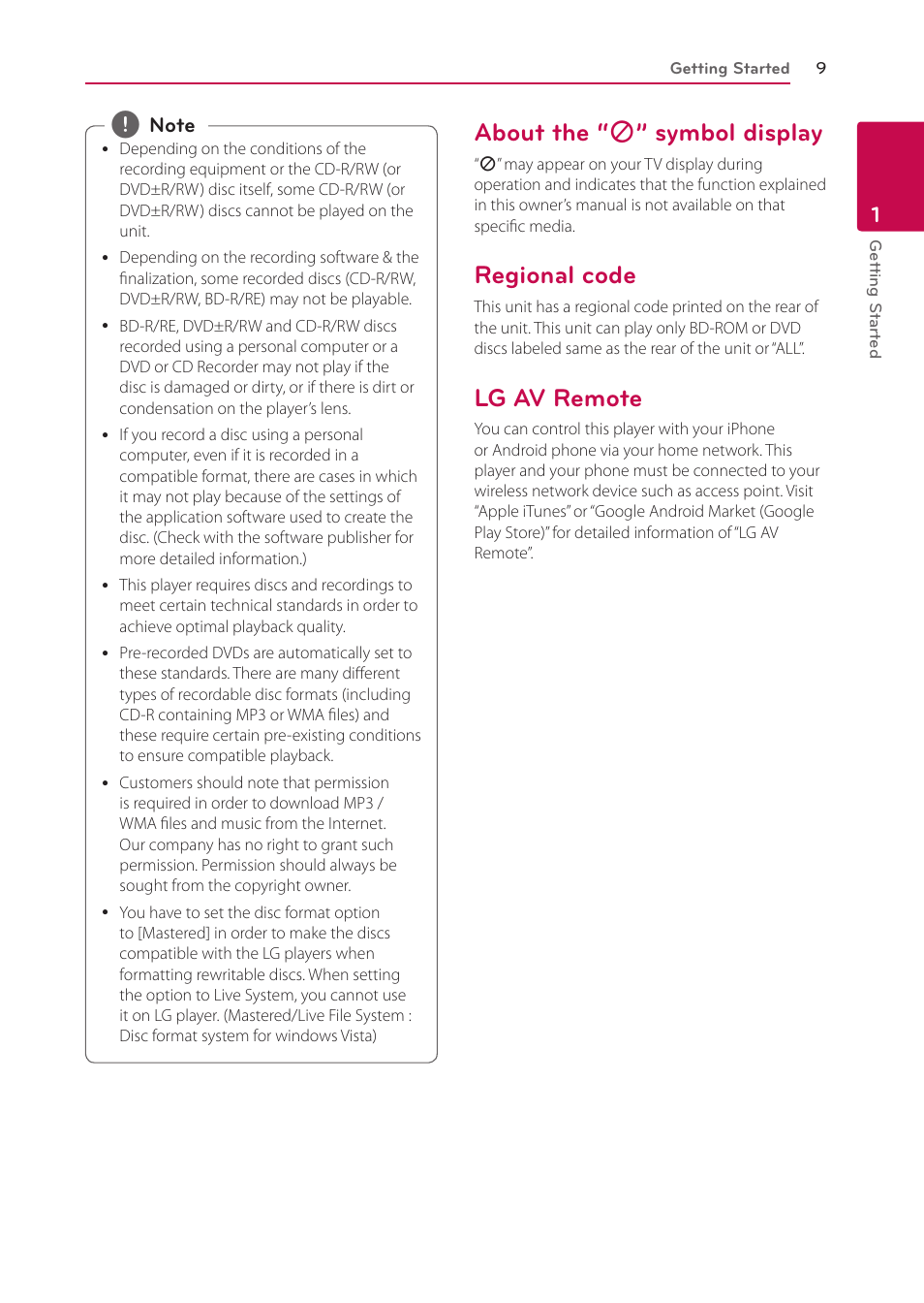 About the “7” symbol display, Regional code, Lg av remote | About the, 7” symbol display, About the “ 7 ” symbol display | LG BP335W User Manual | Page 9 / 57