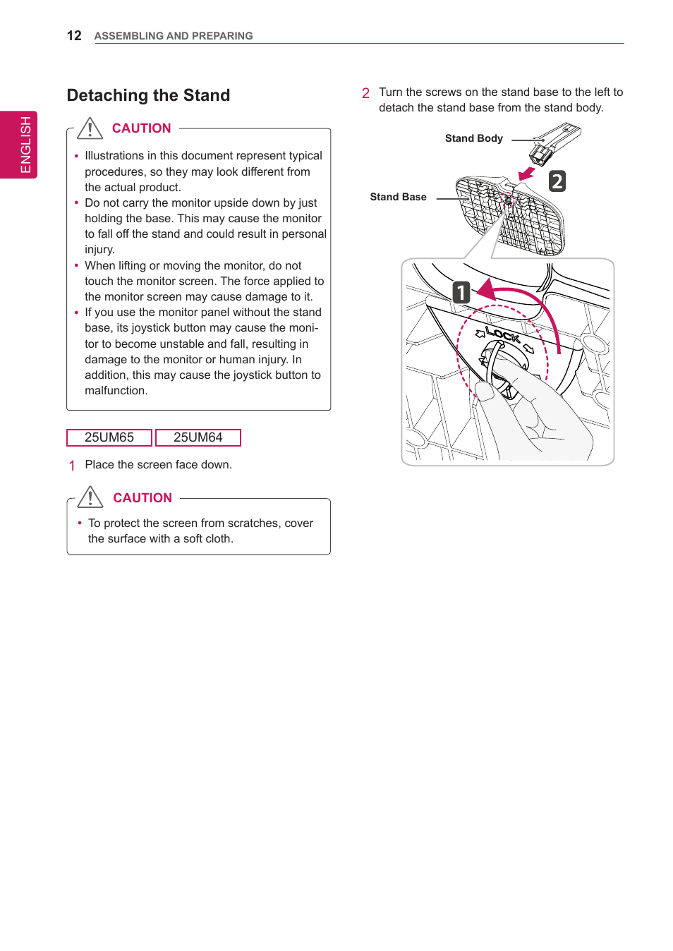 Detaching the stand | LG 34UM65-P User Manual | Page 12 / 42