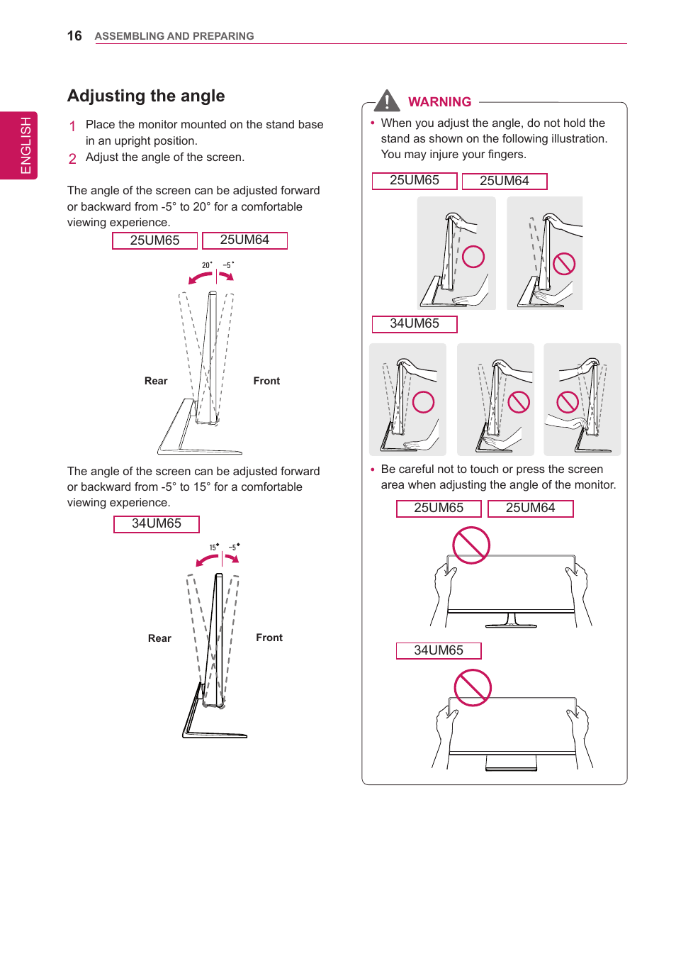 Adjusting the angle, English, 34um65 | 25um65, 25um64 | LG 34UM65-P User Manual | Page 16 / 42