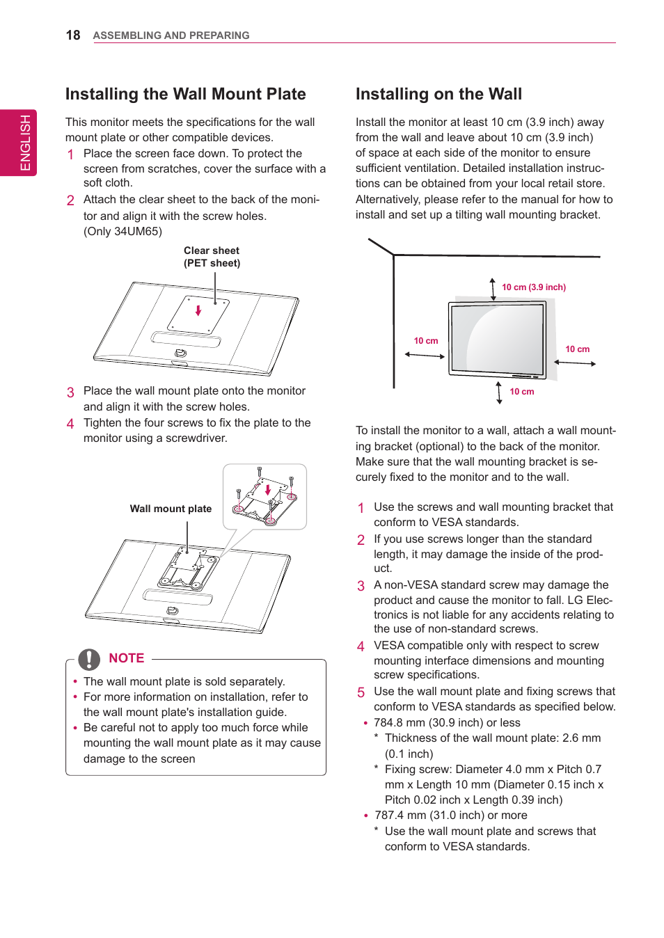 Installing the wall mount plate, Installing on the wall | LG 34UM65-P User Manual | Page 18 / 42