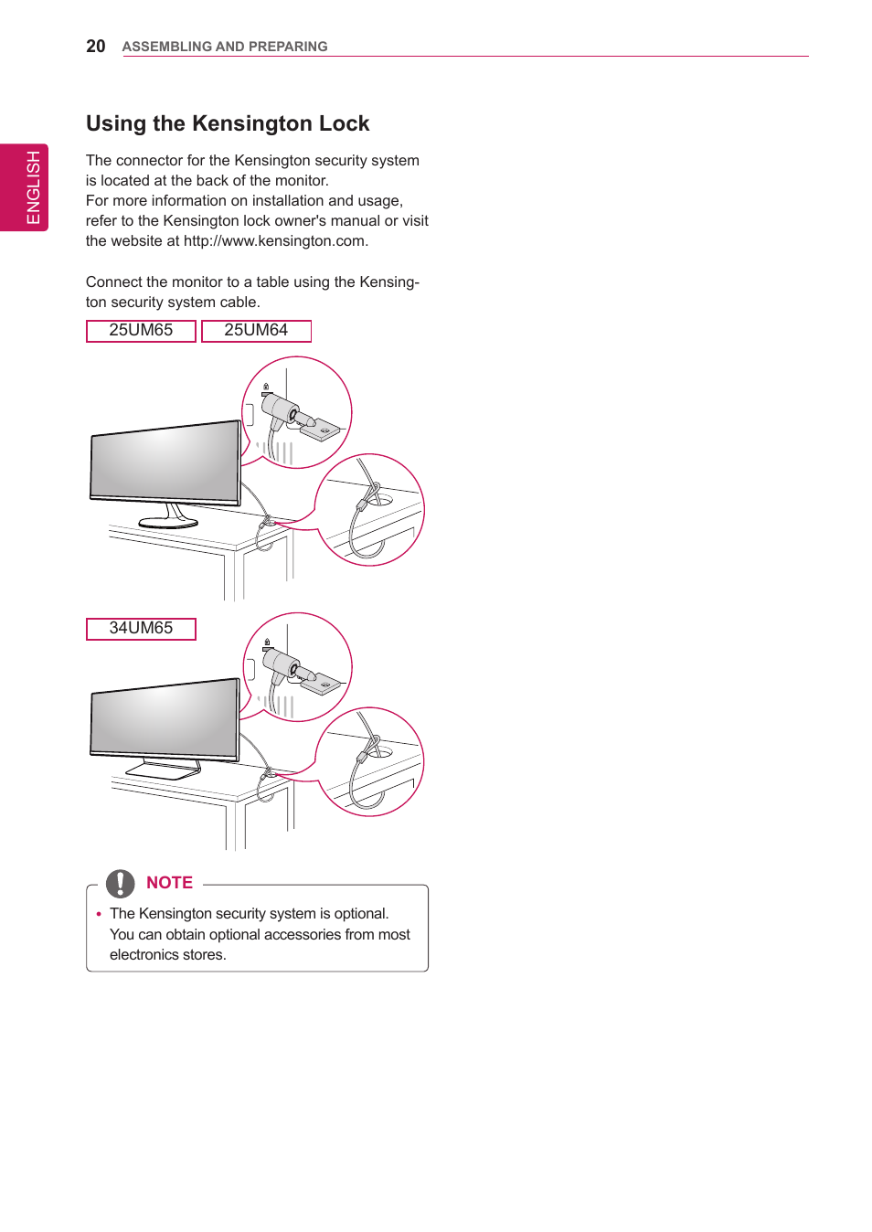 Using the kensington lock | LG 34UM65-P User Manual | Page 20 / 42