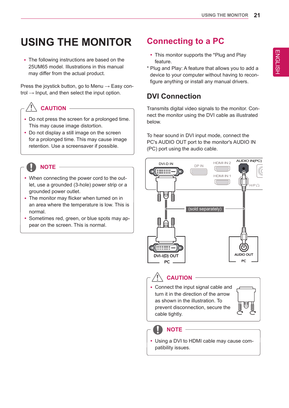 Using the monitor, Connecting to a pc, Dvi connection | 21 connecting to a pc 21, English, Caution | LG 34UM65-P User Manual | Page 21 / 42