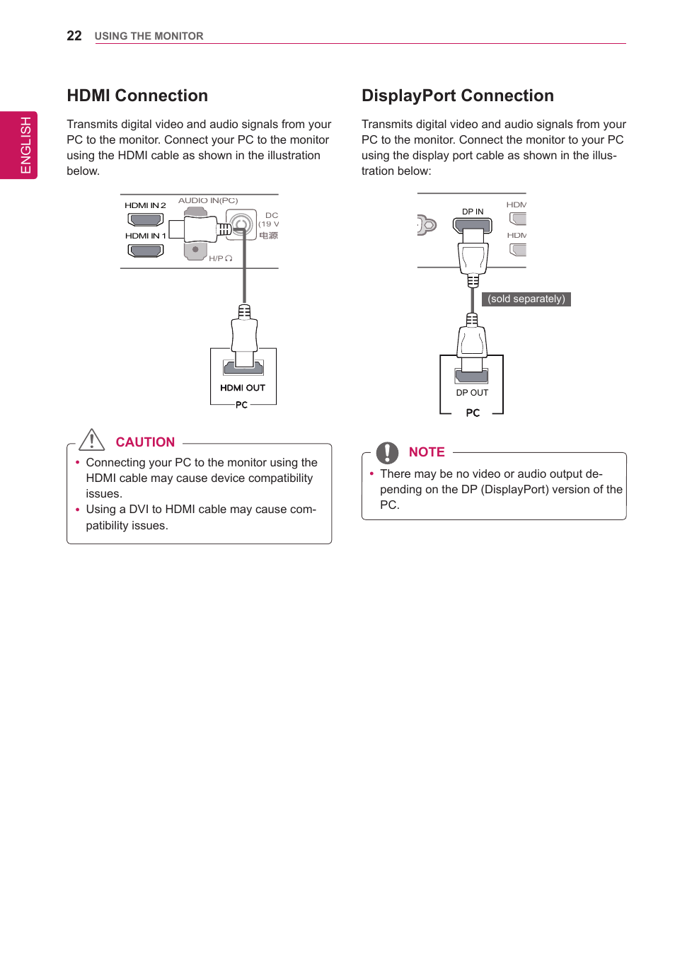 Hdmi connection, Displayport connection, English | Caution | LG 34UM65-P User Manual | Page 22 / 42