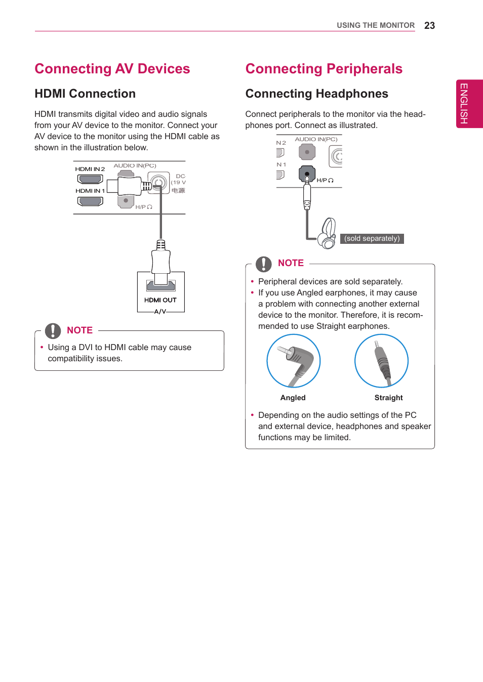 Connecting av devices, Hdmi connection, Connecting peripherals | Connecting headphones, 23 connecting av devices 23, 23 connecting peripherals 23, English | LG 34UM65-P User Manual | Page 23 / 42