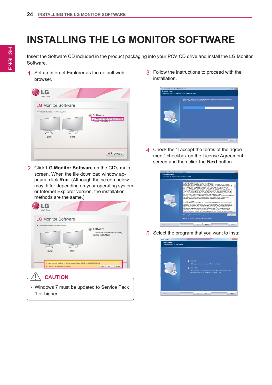 Installing the lg monitor software, Installing the lg, Monitor software | LG 34UM65-P User Manual | Page 24 / 42