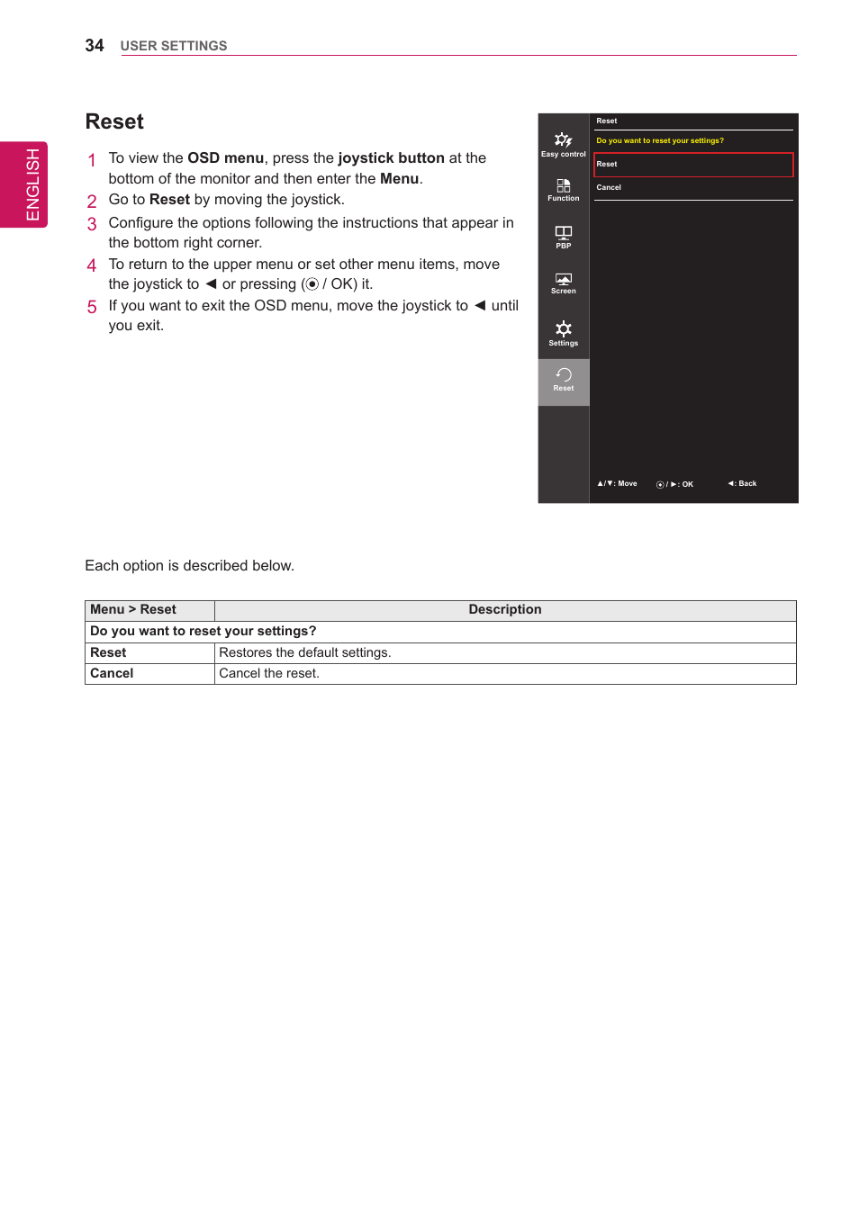 Reset, English | LG 34UM65-P User Manual | Page 34 / 42