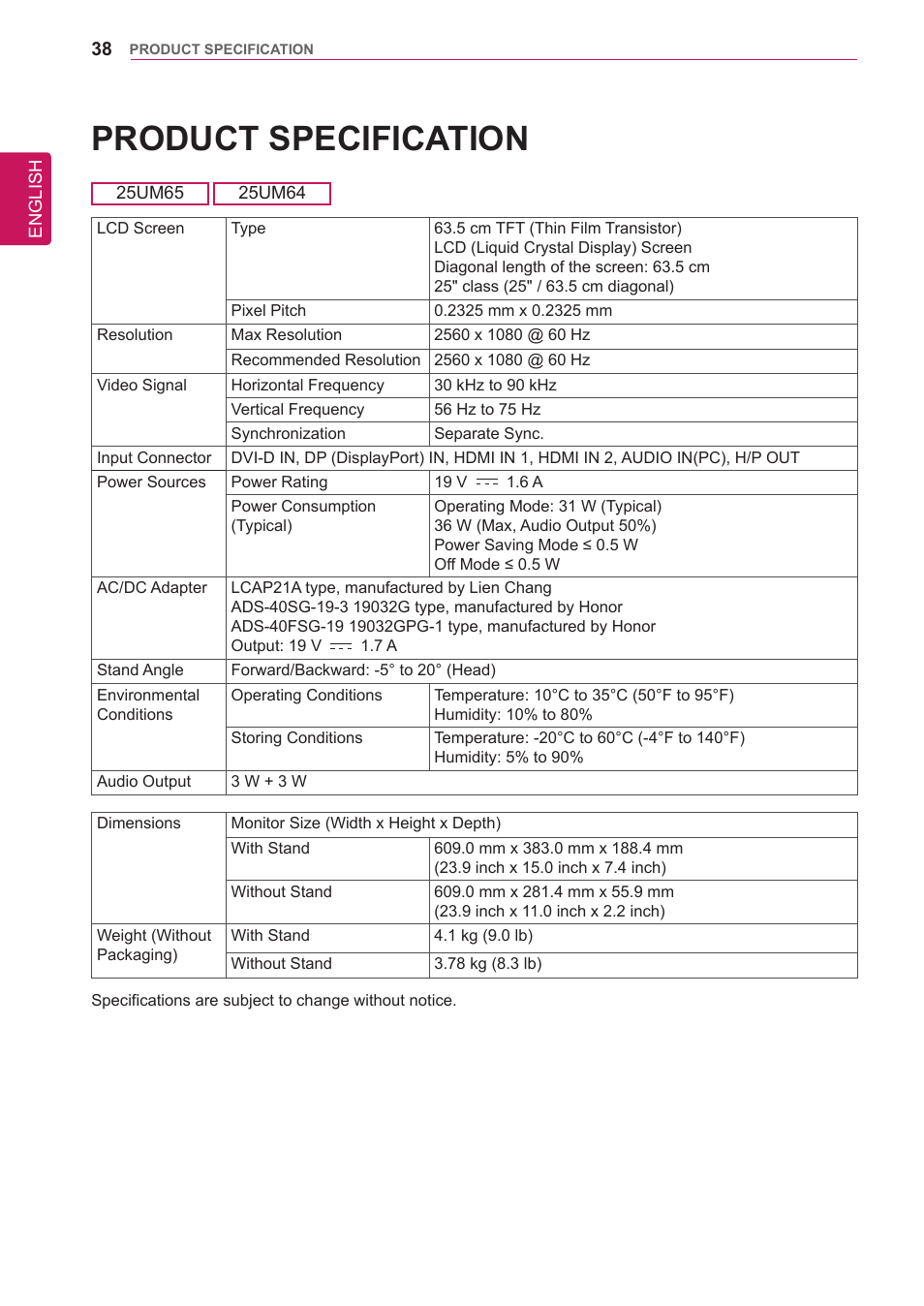 Product specification | LG 34UM65-P User Manual | Page 38 / 42