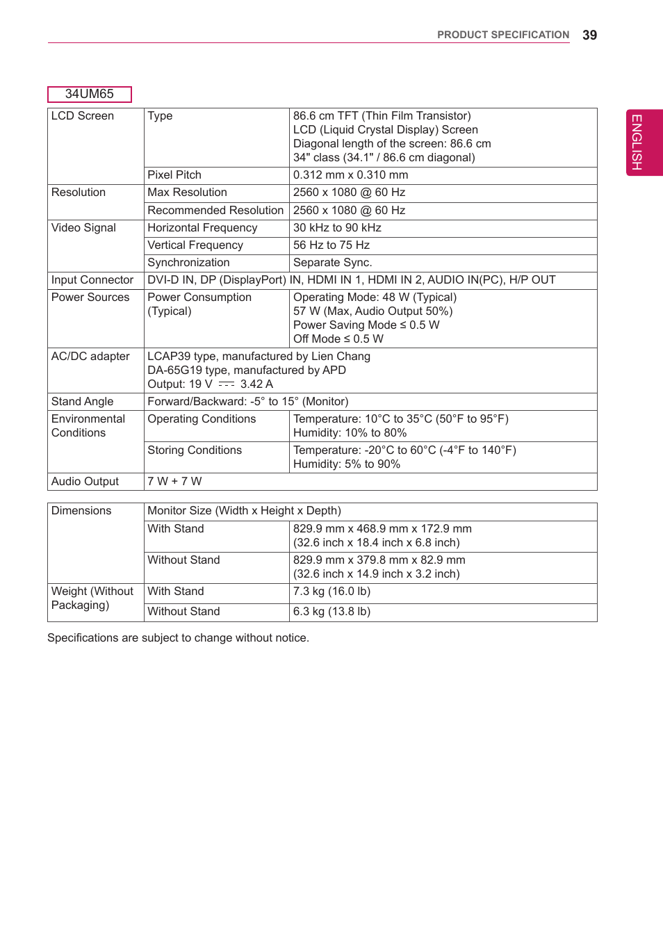 LG 34UM65-P User Manual | Page 39 / 42