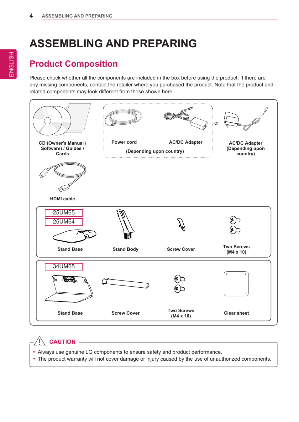 Assembling and preparing, Product composition, Assembling and | Preparing | LG 34UM65-P User Manual | Page 4 / 42