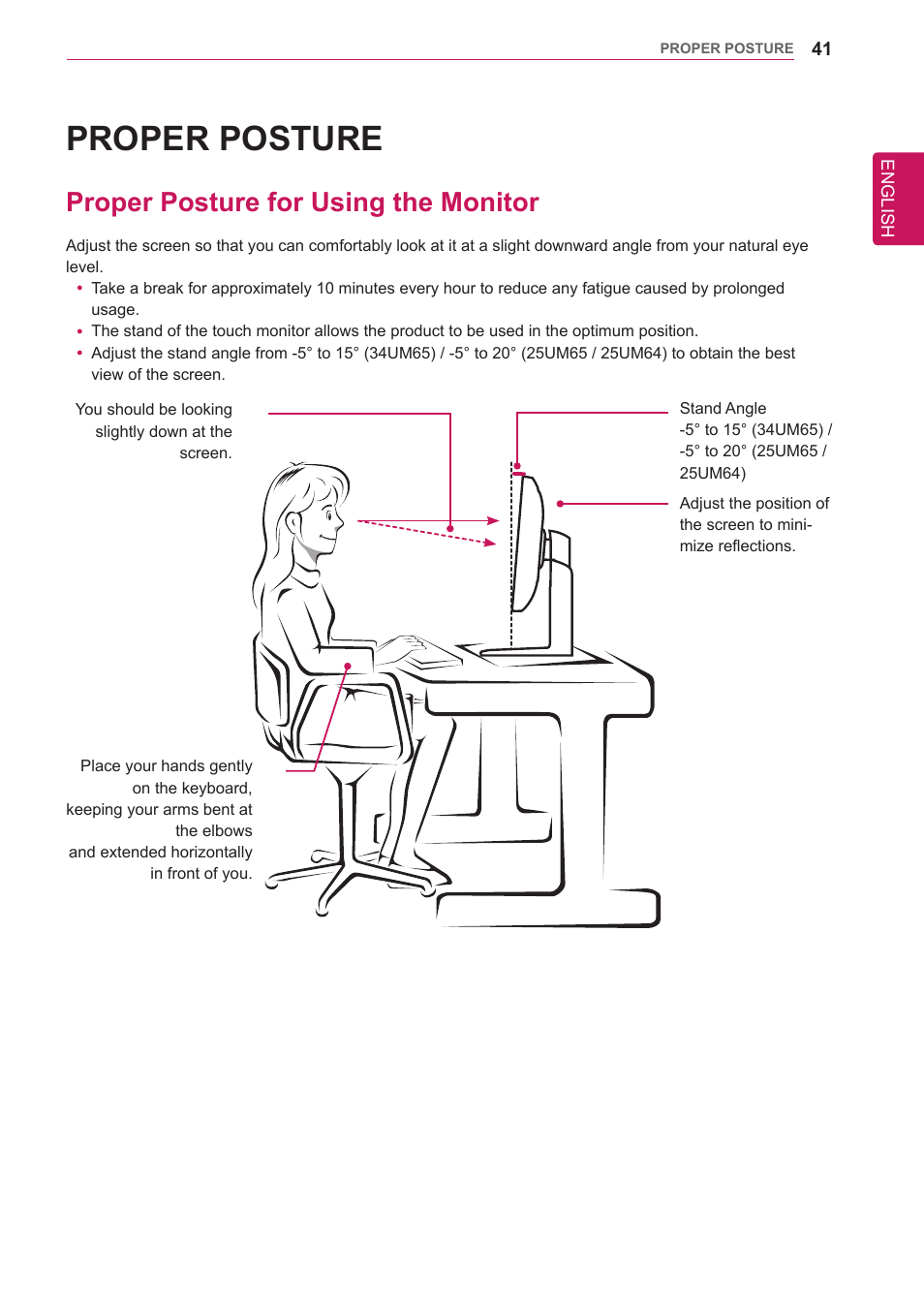 Proper posture, Proper posture for using the monitor, 41 proper posture for using the monitor | LG 34UM65-P User Manual | Page 41 / 42