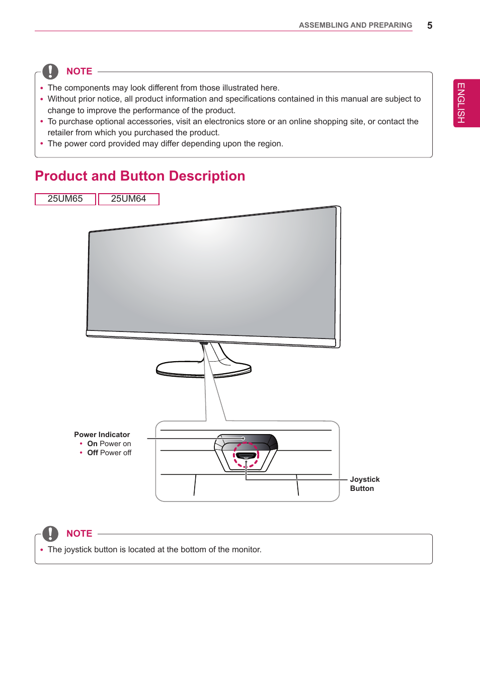 Product and button description | LG 34UM65-P User Manual | Page 5 / 42