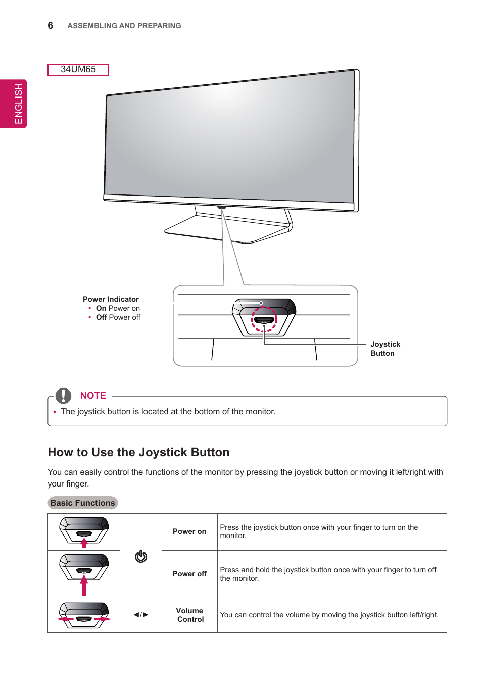 How to use the joystick button | LG 34UM65-P User Manual | Page 6 / 42