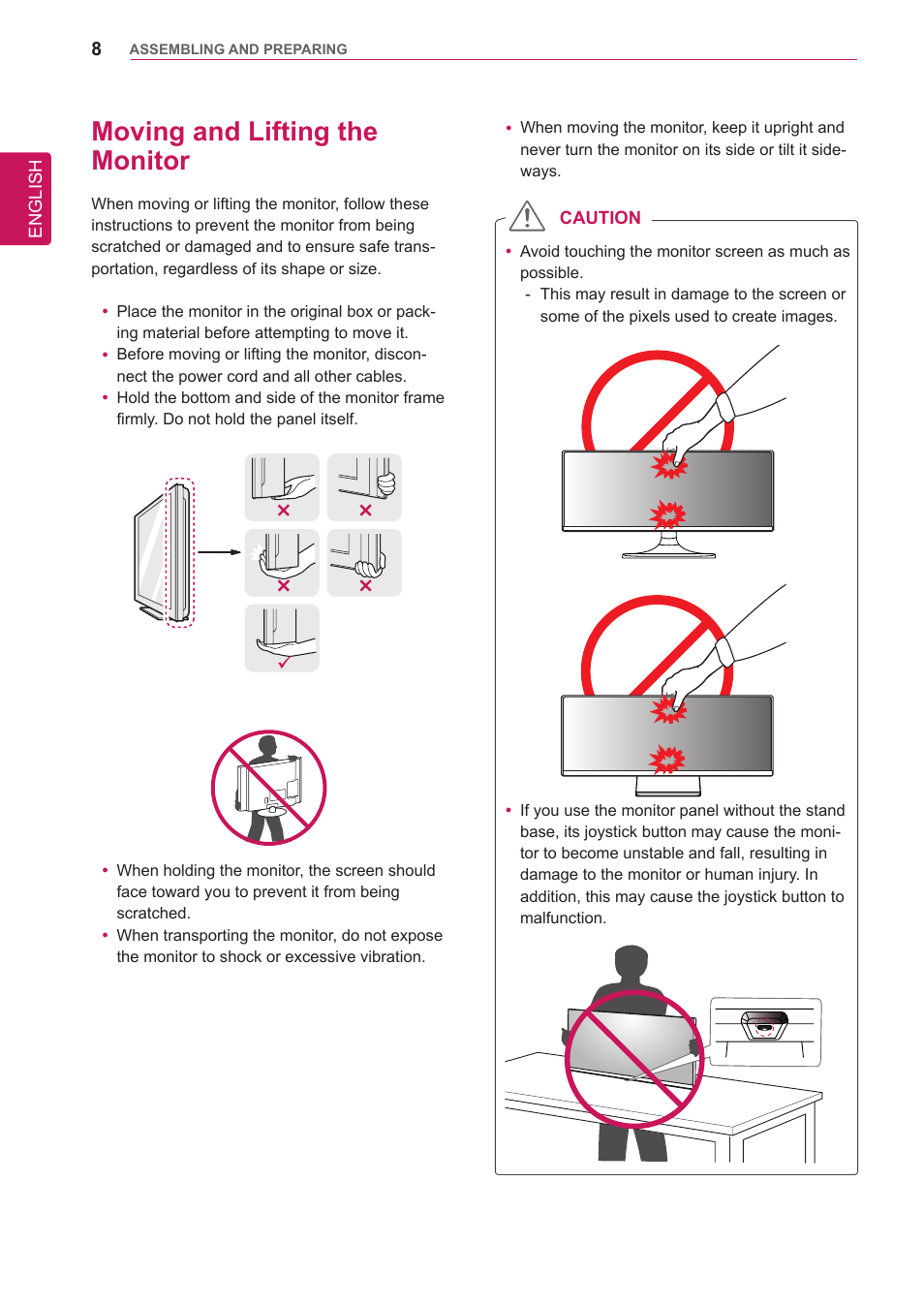 Moving and lifting the monitor | LG 34UM65-P User Manual | Page 8 / 42