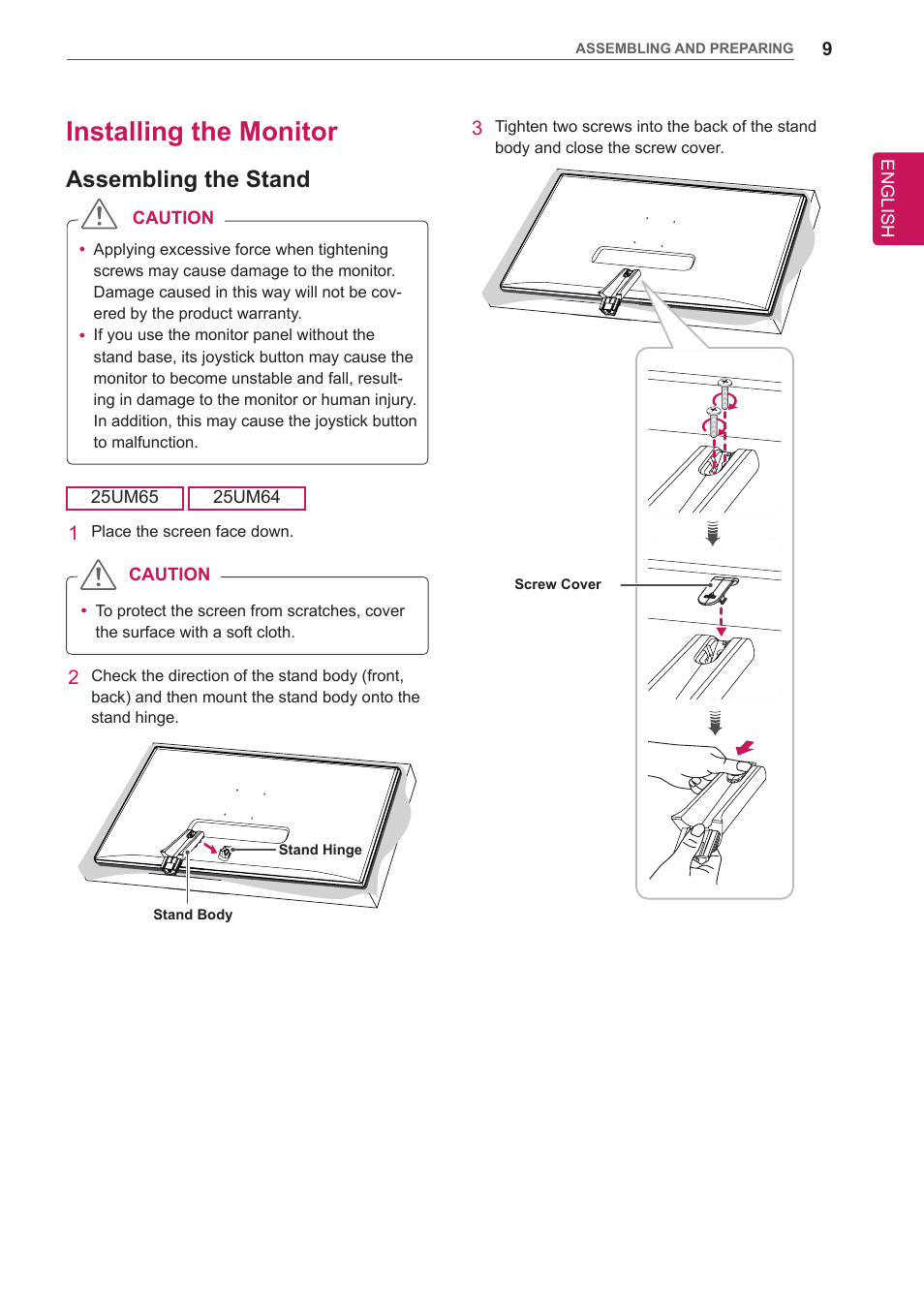 Installing the monitor, Assembling the stand | LG 34UM65-P User Manual | Page 9 / 42