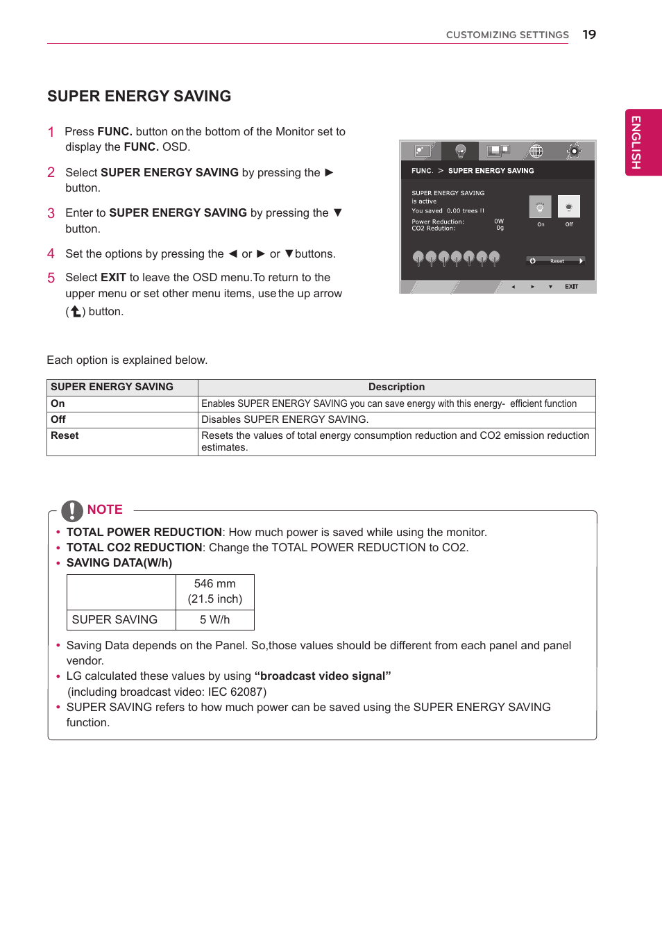 Super energy saving | LG 22EC33T-B User Manual | Page 20 / 28