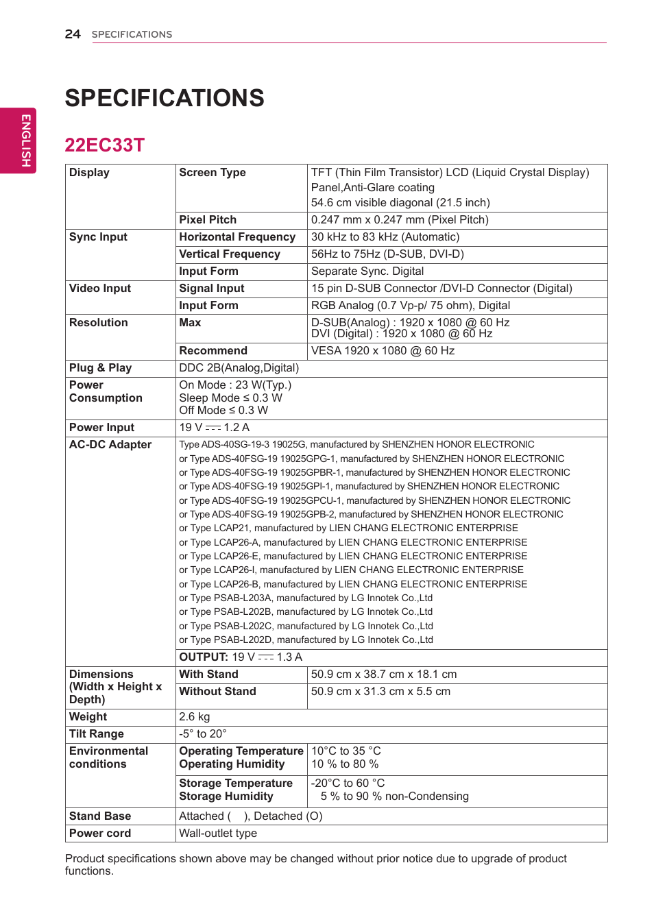 Specifications, 22ec33t, 24 22ec33t | LG 22EC33T-B User Manual | Page 25 / 28