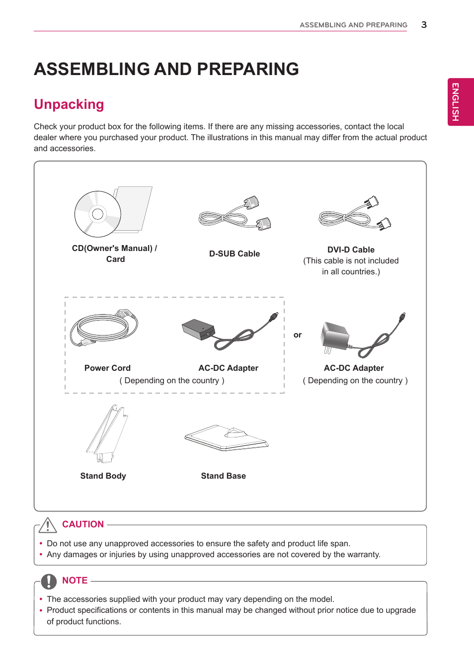 Assembling and preparing, Unpacking, Assembling and prepar | LG 22EC33T-B User Manual | Page 4 / 28