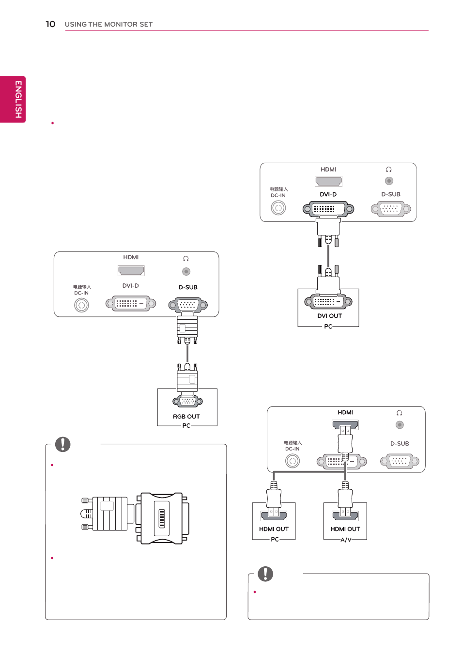 Using the monitor set, Connecting to a pc, D-sub connection | Dvi-d connection, Hdmi connection | LG 27EA53VQ-P User Manual | Page 10 / 31