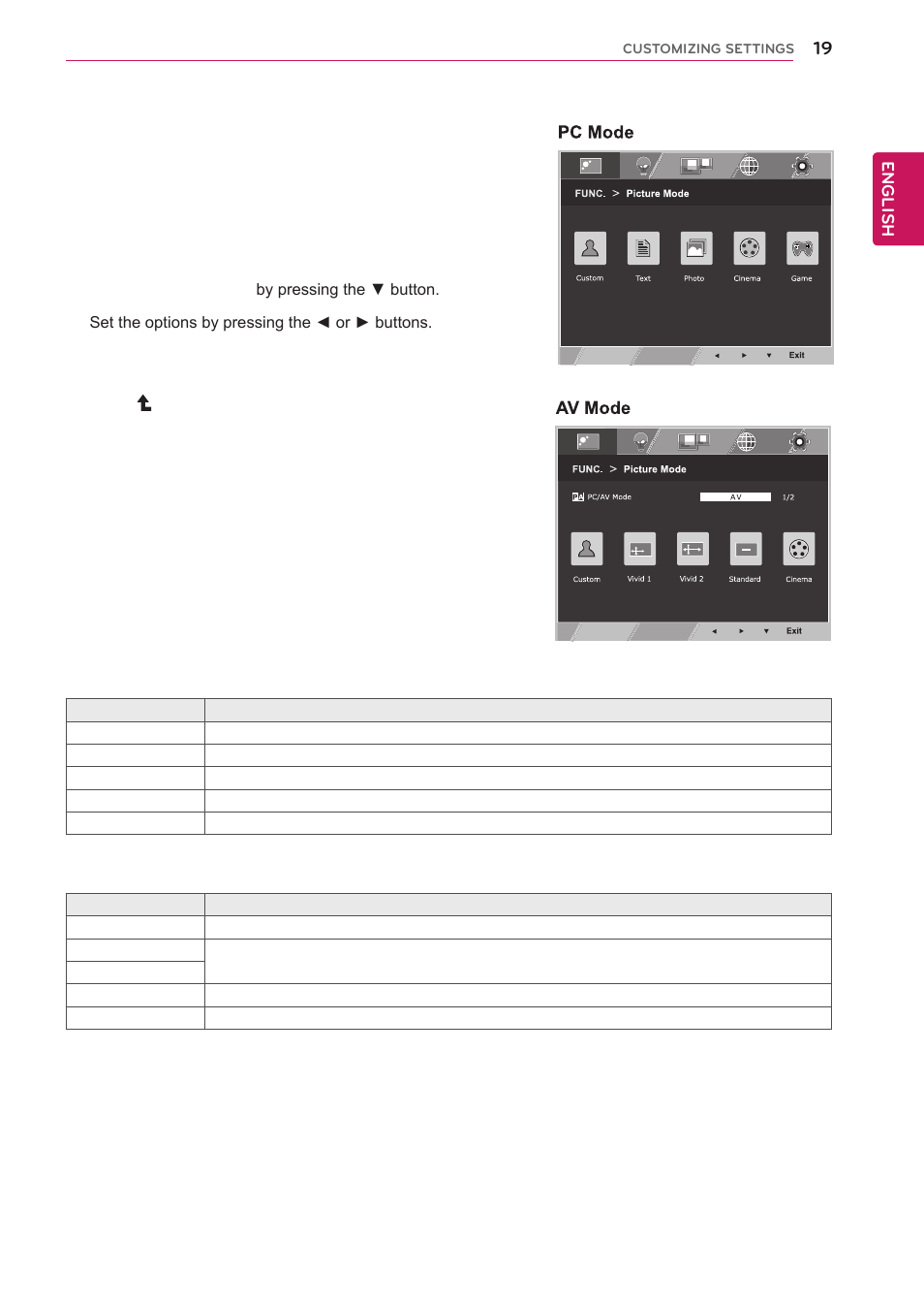 Func. setting, Picture mode, See p.19 | LG 27EA53VQ-P User Manual | Page 19 / 31