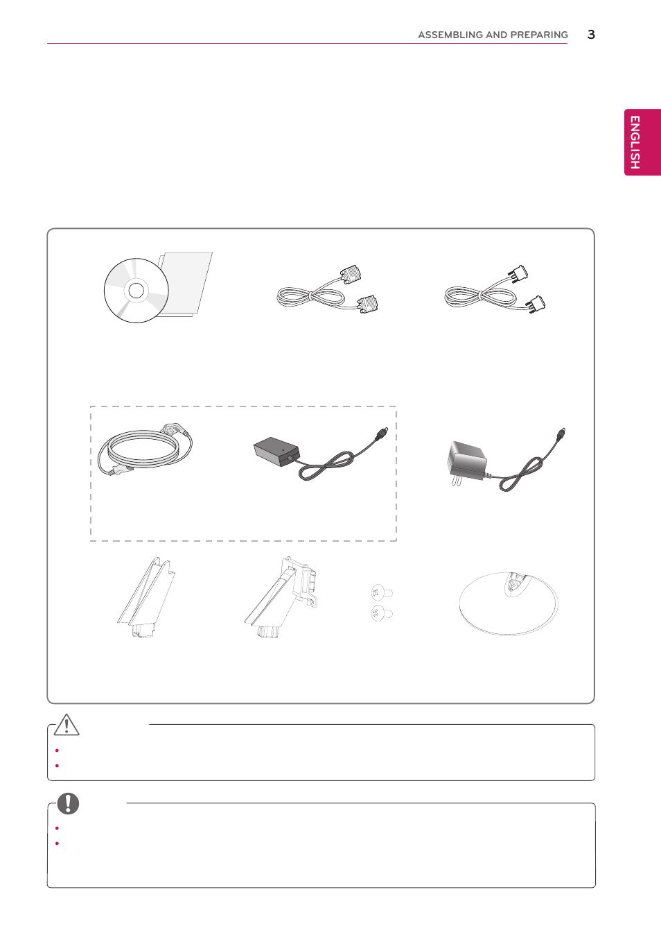 Assembling and preparing, Unpacking, Assembling and prepar- ing | LG 27EA53VQ-P User Manual | Page 3 / 31