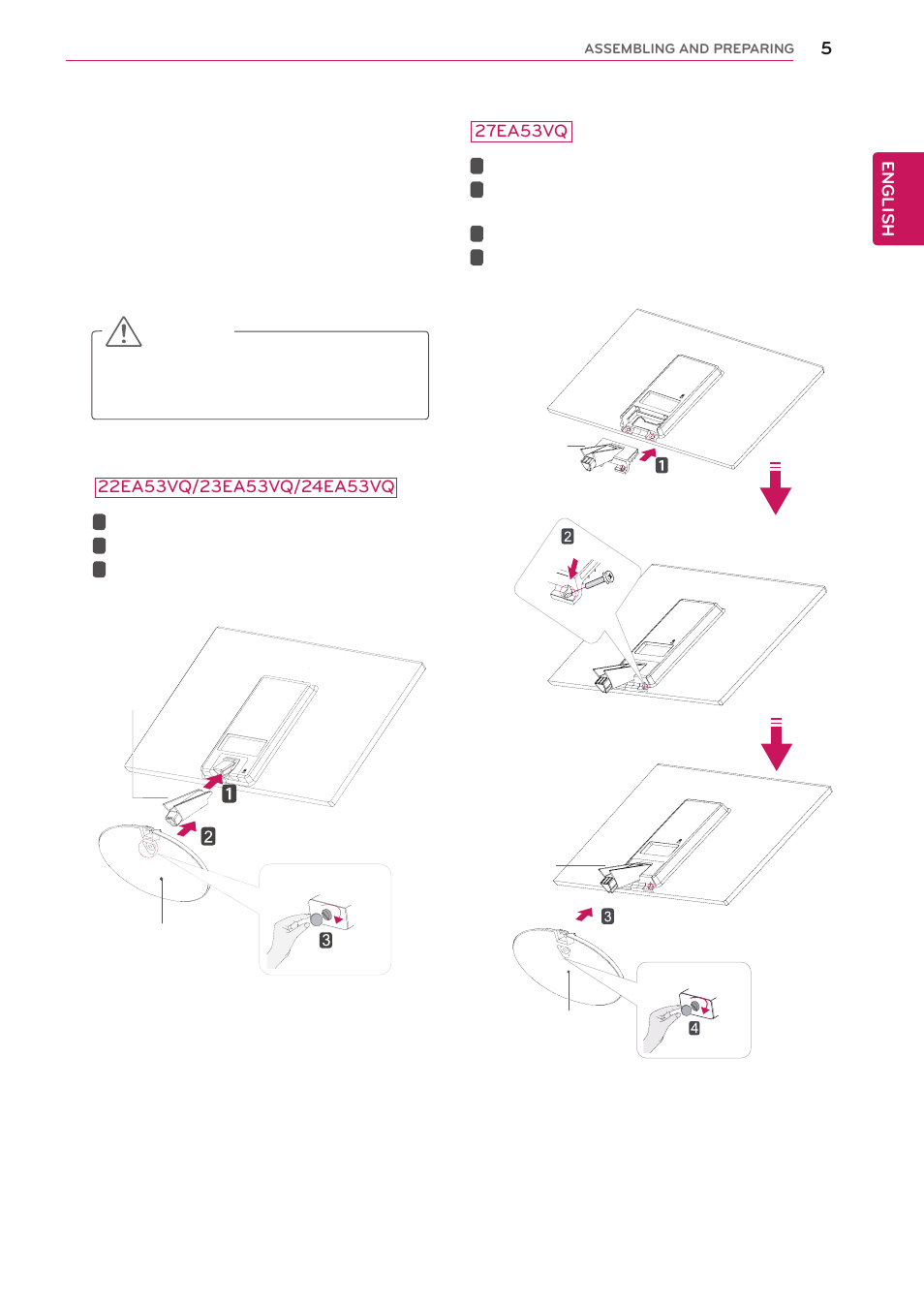 Setting up the monitor set, Attaching the stand base | LG 27EA53VQ-P User Manual | Page 5 / 31