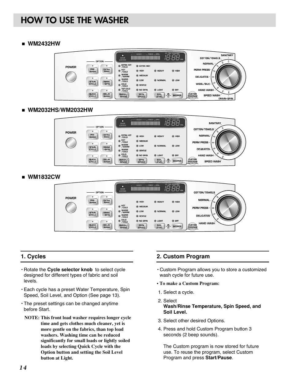 How to use the washer | LG WM2032HW User Manual | Page 14 / 48