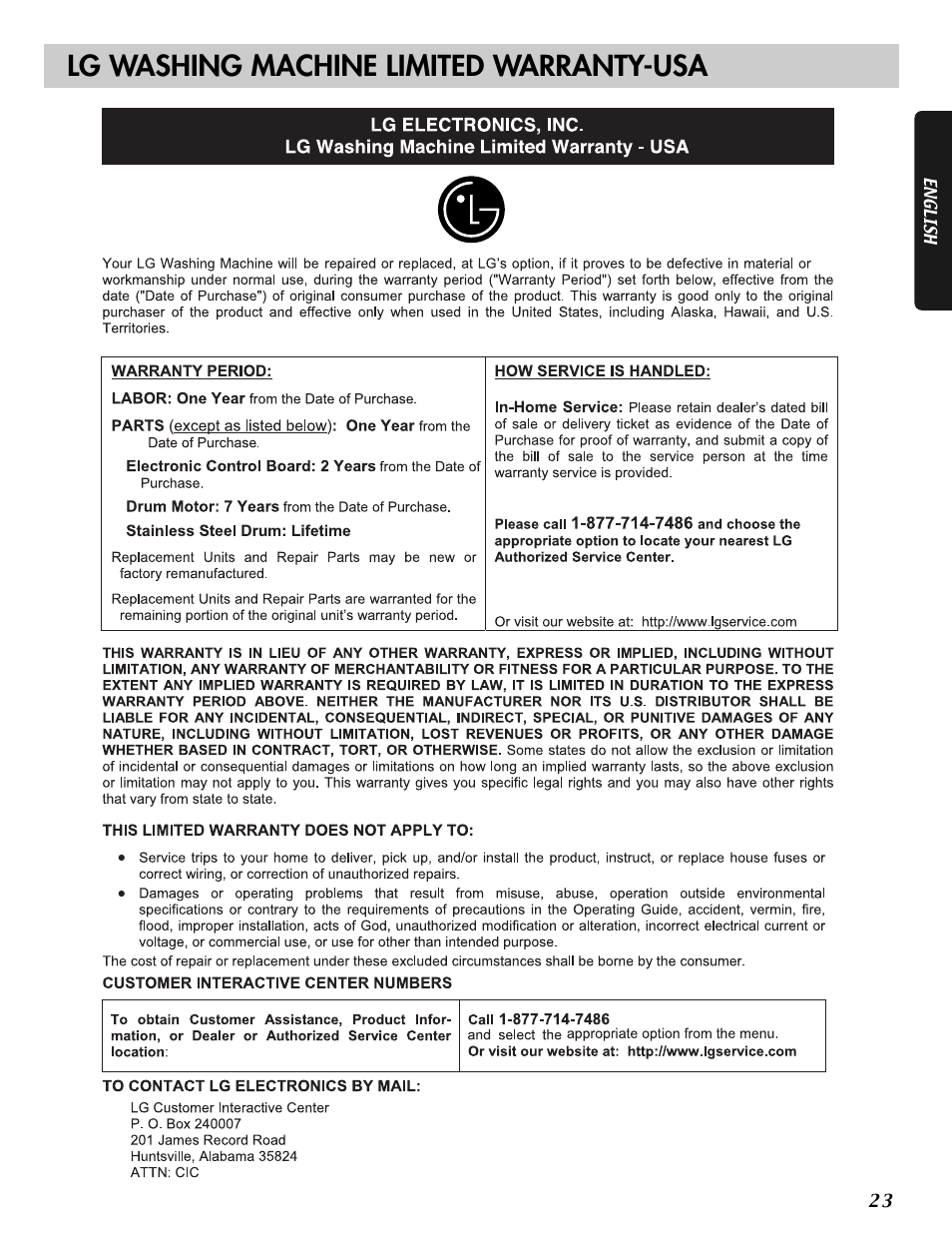 Lg washing machine limited warranty-usa | LG WM2032HW User Manual | Page 23 / 48