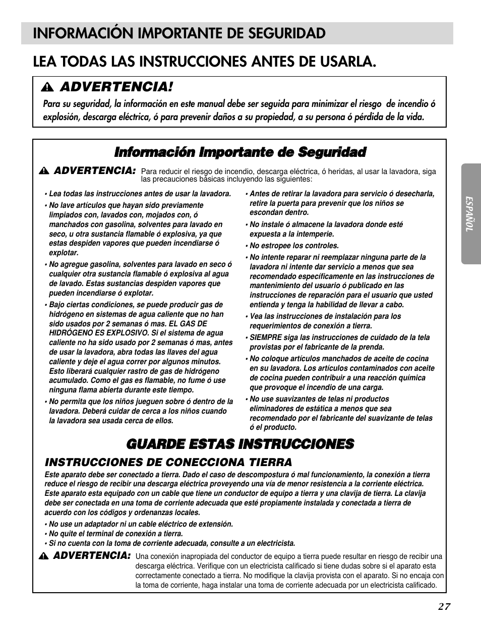 Advertencia | LG WM2032HW User Manual | Page 27 / 48