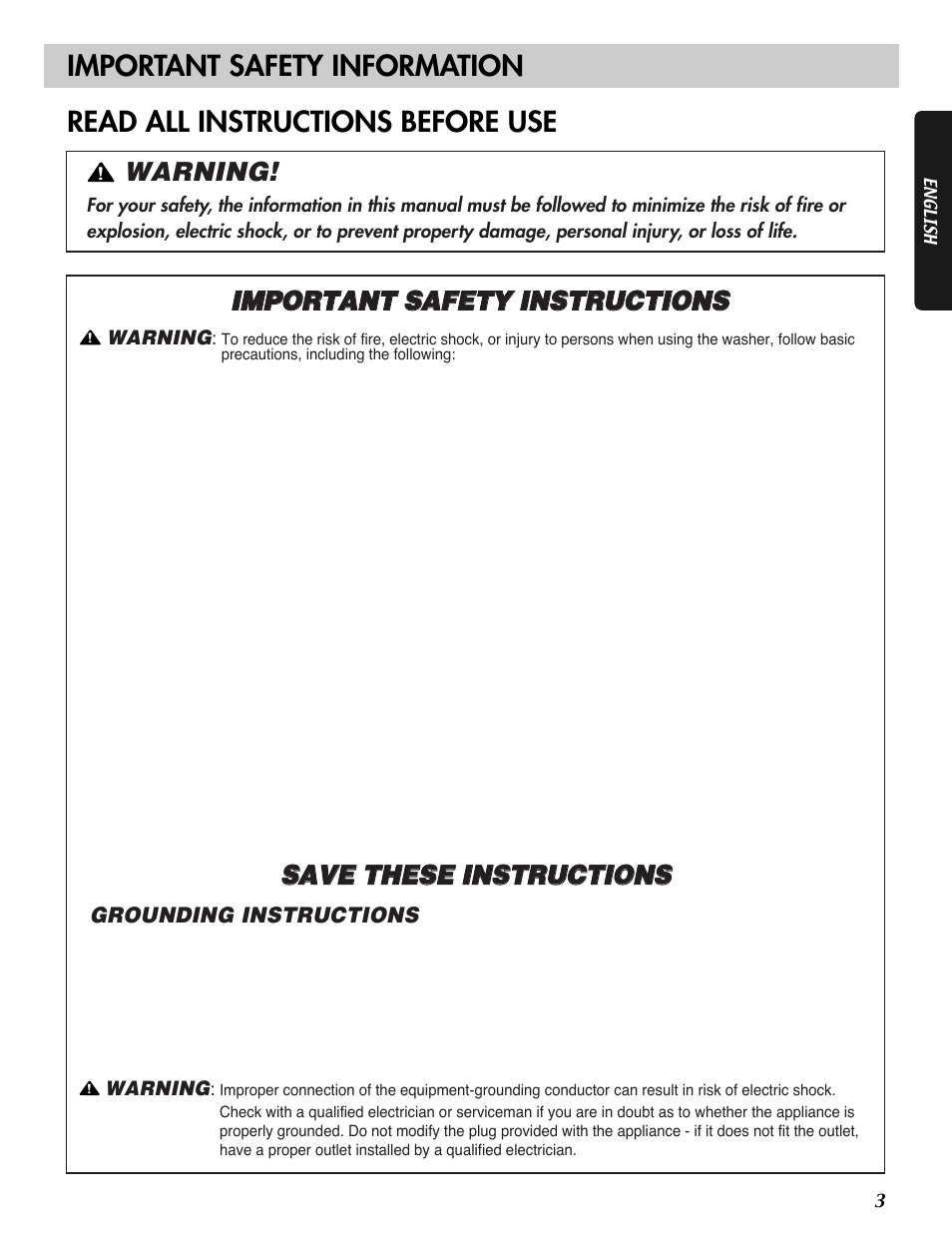 Important safety information, Read all instructions before use, Warning | LG WM2032HW User Manual | Page 3 / 48