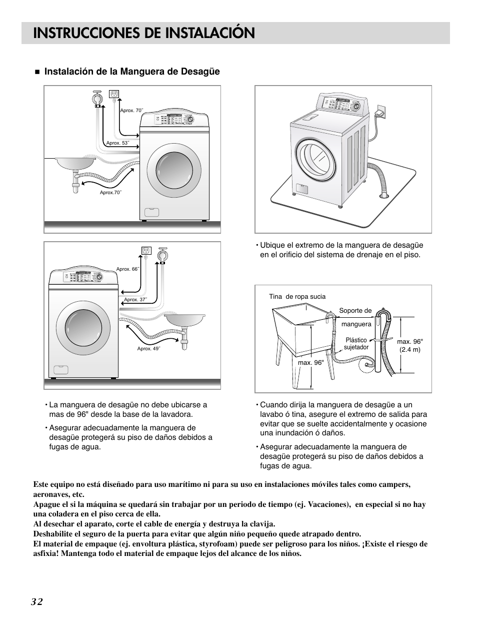 Instrucciones de instalación, Instalación de la manguera de desagüe | LG WM2032HW User Manual | Page 32 / 48