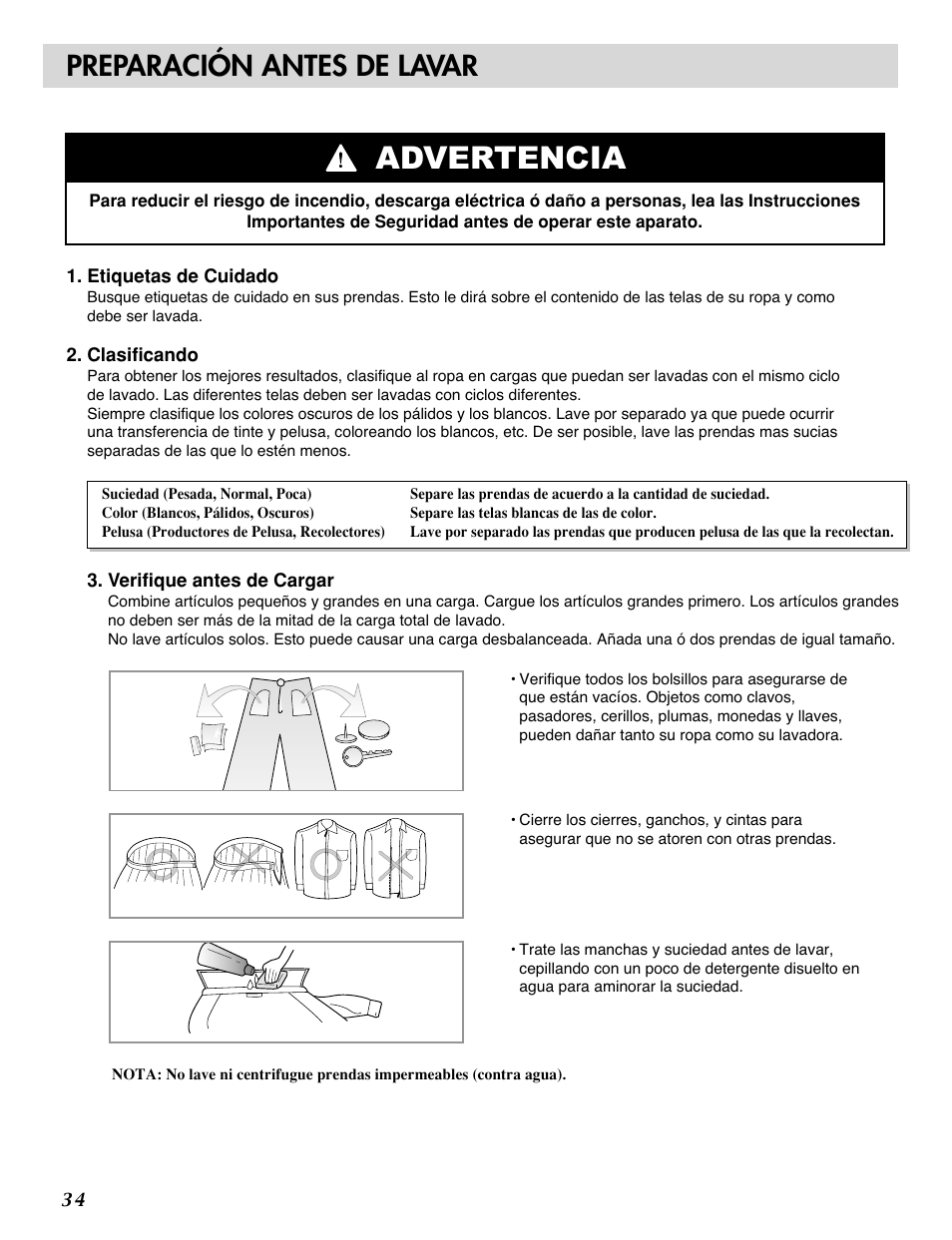 Advertencia, Preparación antes de lavar | LG WM2032HW User Manual | Page 34 / 48