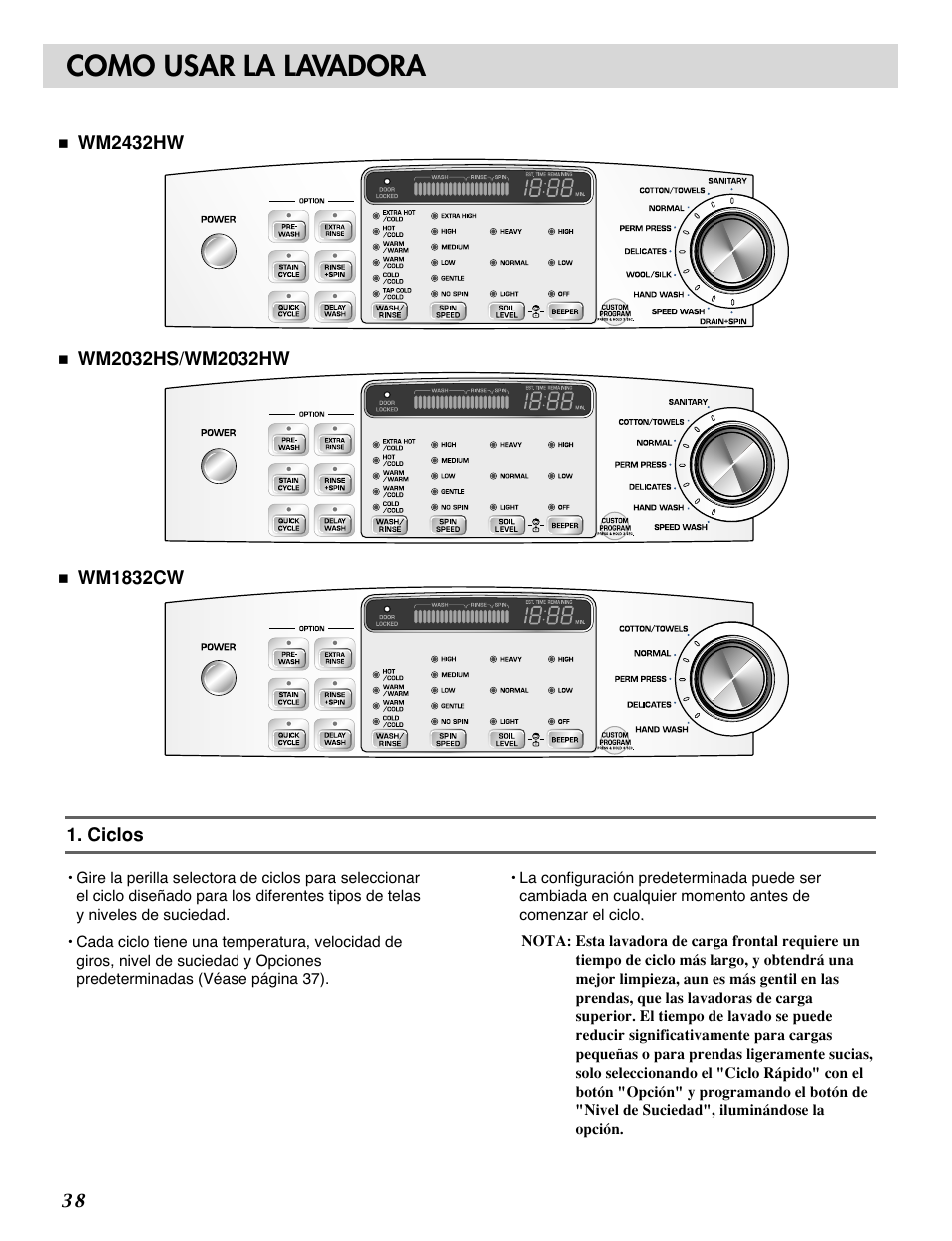 Como usar la lavadora | LG WM2032HW User Manual | Page 38 / 48