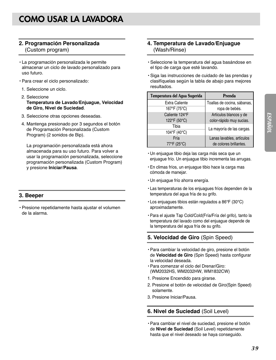 Como usar la lavadora | LG WM2032HW User Manual | Page 39 / 48