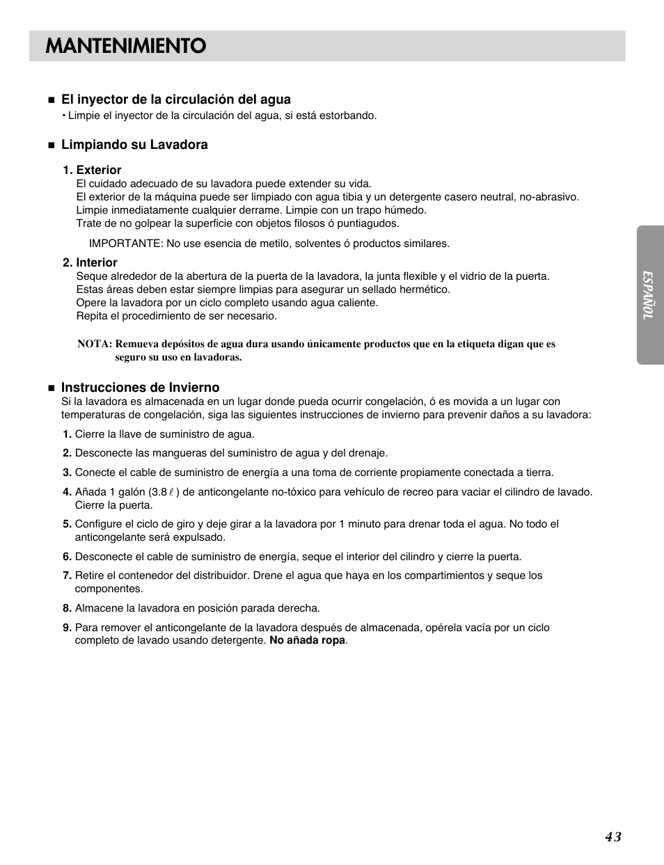 Mantenimiento | LG WM2032HW User Manual | Page 43 / 48