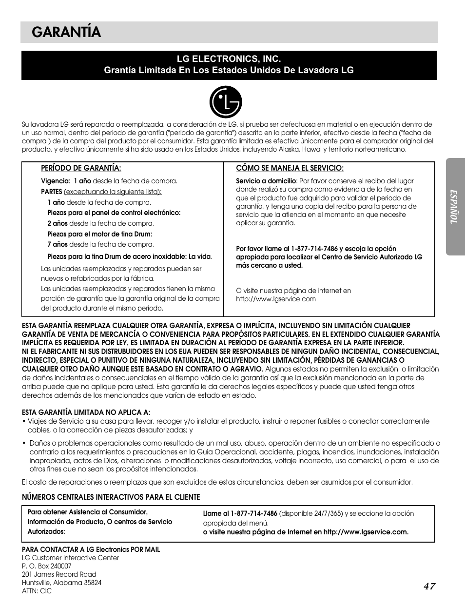 Garantía | LG WM2032HW User Manual | Page 47 / 48