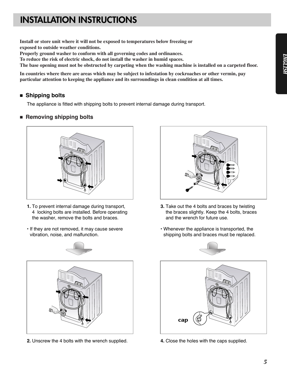 Installation instructions | LG WM2032HW User Manual | Page 5 / 48