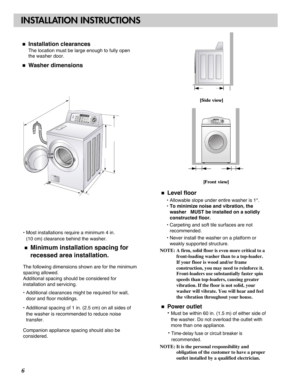 Installation instructions, Installation clearances, Washer dimensions | Level floor, Power outlet | LG WM2032HW User Manual | Page 6 / 48