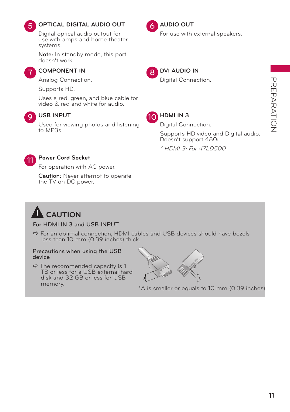 Prep ar a tion | LG 47LD500 User Manual | Page 11 / 64