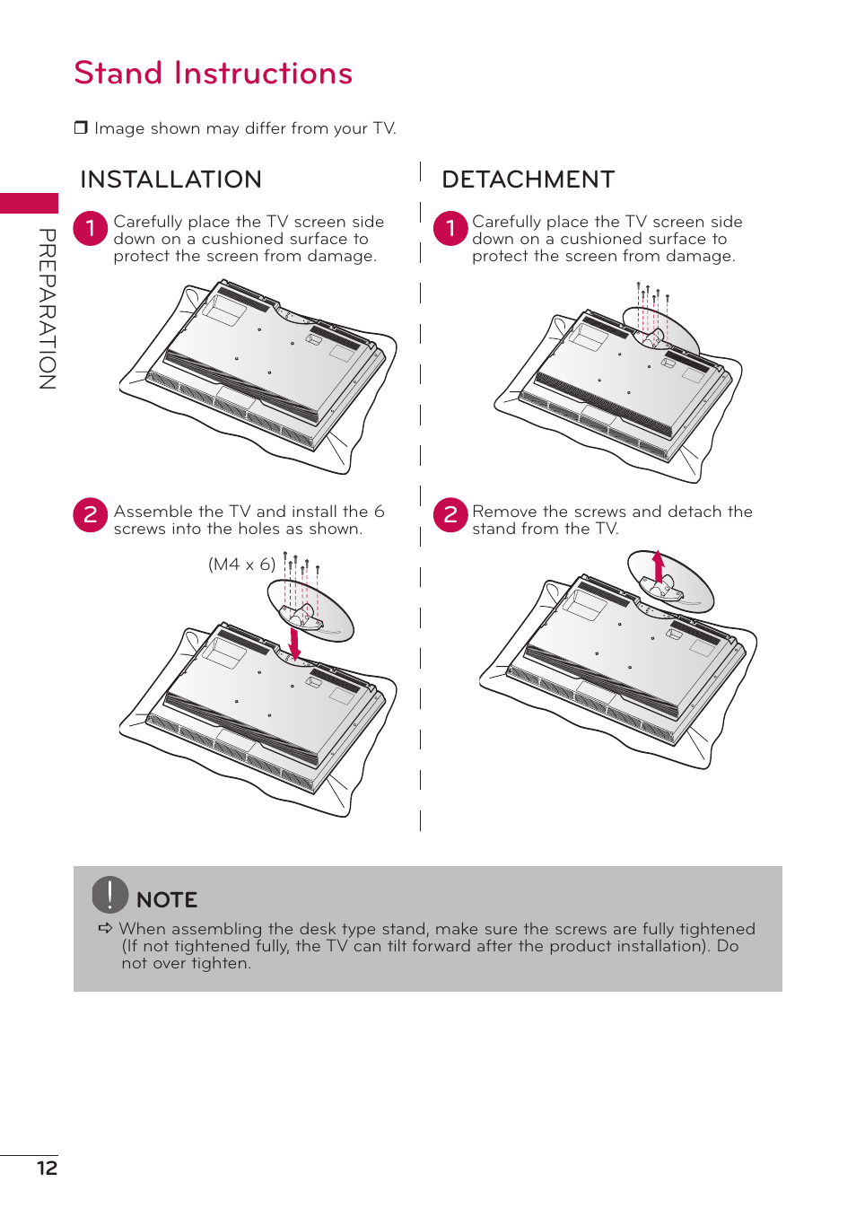 Stand instructions, Installation detachment | LG 47LD500 User Manual | Page 12 / 64
